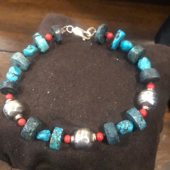 STERLING SILVER and TURQUOISE Rustic Bracelet with Lobster a Clasp - Picture 5 of 11